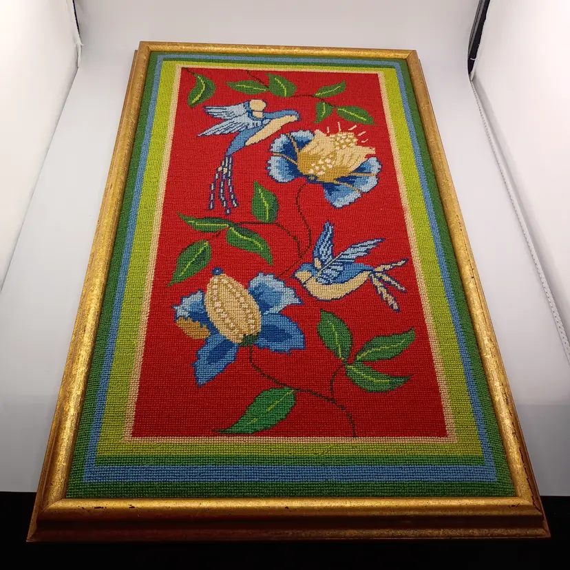 Framed needlepoint of birds and flowers