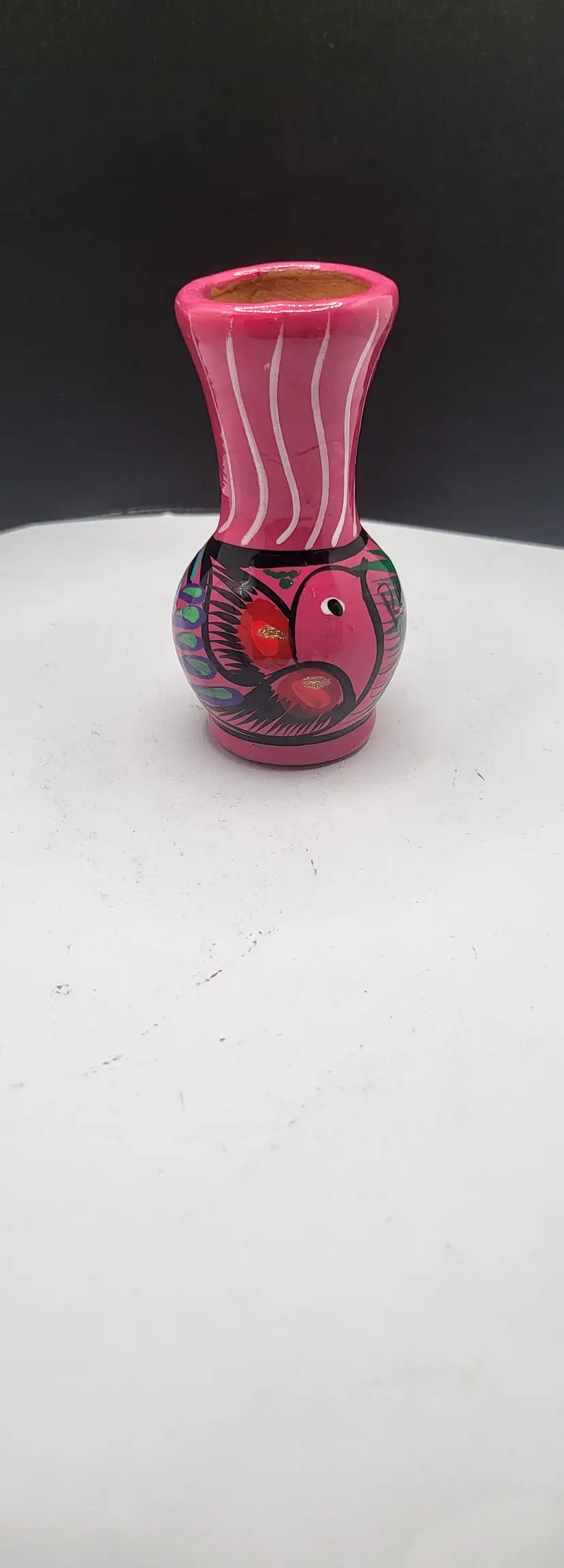 Hand-Painted Pink Miniature Vase with Fish Design signed by artist (see picture) 3.5"