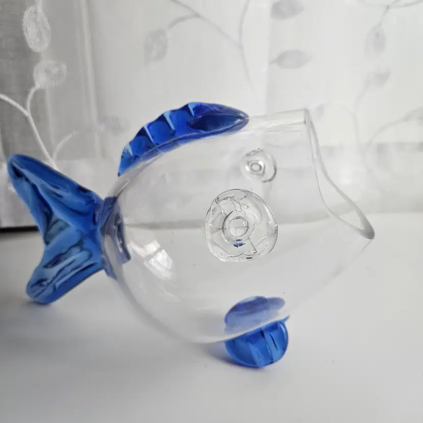 Blenko Inspired Art Glass Fish Blue Clear Vase Bowl
