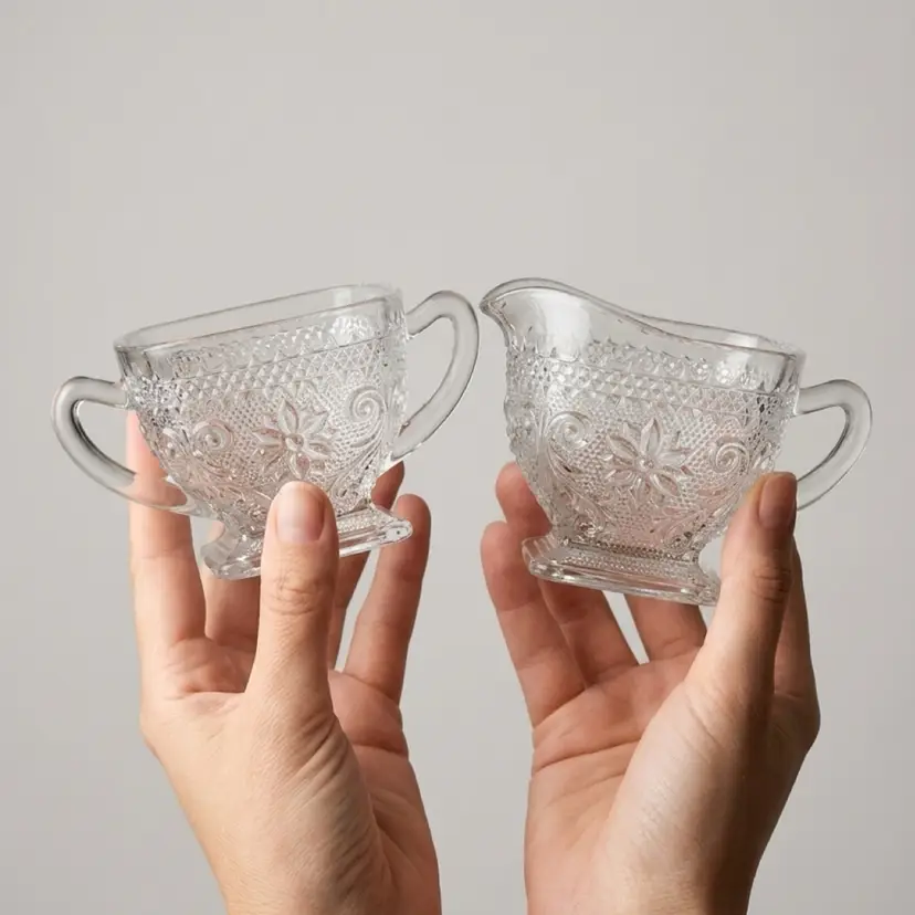 Cream & Sugar Set Sandwich Clear Tiara Glass Serve Ware.