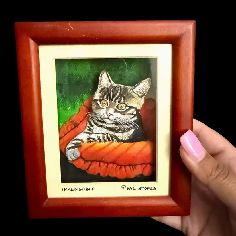 Rare Val Stokes “Irresistible” 3D Cat Art | Framed Miniature Wood Relief | New Zealand Artist | Hand Painted Tabby Cat Wall Decor