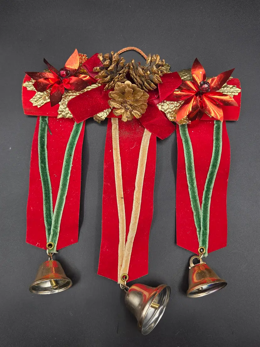 Vintage Christmas Wall Hanging with Bells and Pinecones Felt Ribbon