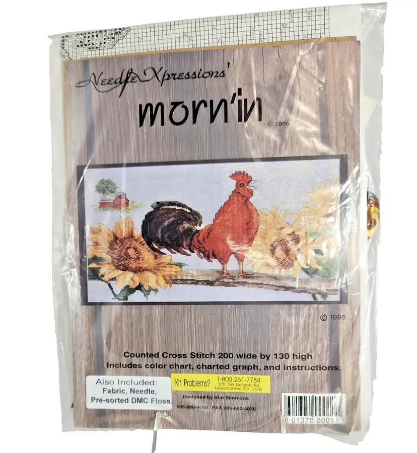 Vintage Needle Xpressions Vintage Cross Stitch Kit Morn'in - Rooster w Sunflowers Barn NEW Blue Fabric