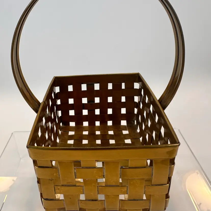 Vintage Brass Woven Square Mini Basket with Fixed Handle