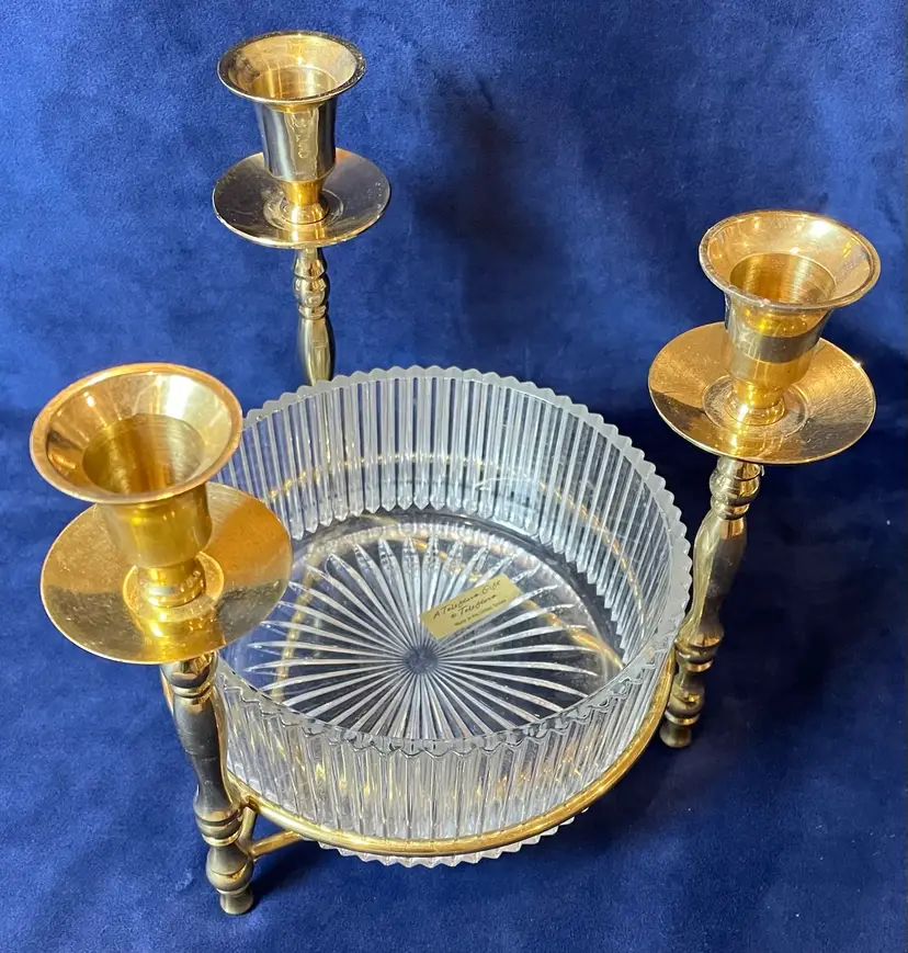Vintage Teleflora Brass Candelabra Trio Centerpiece Ribbed Glass Candy Bowl MCM
