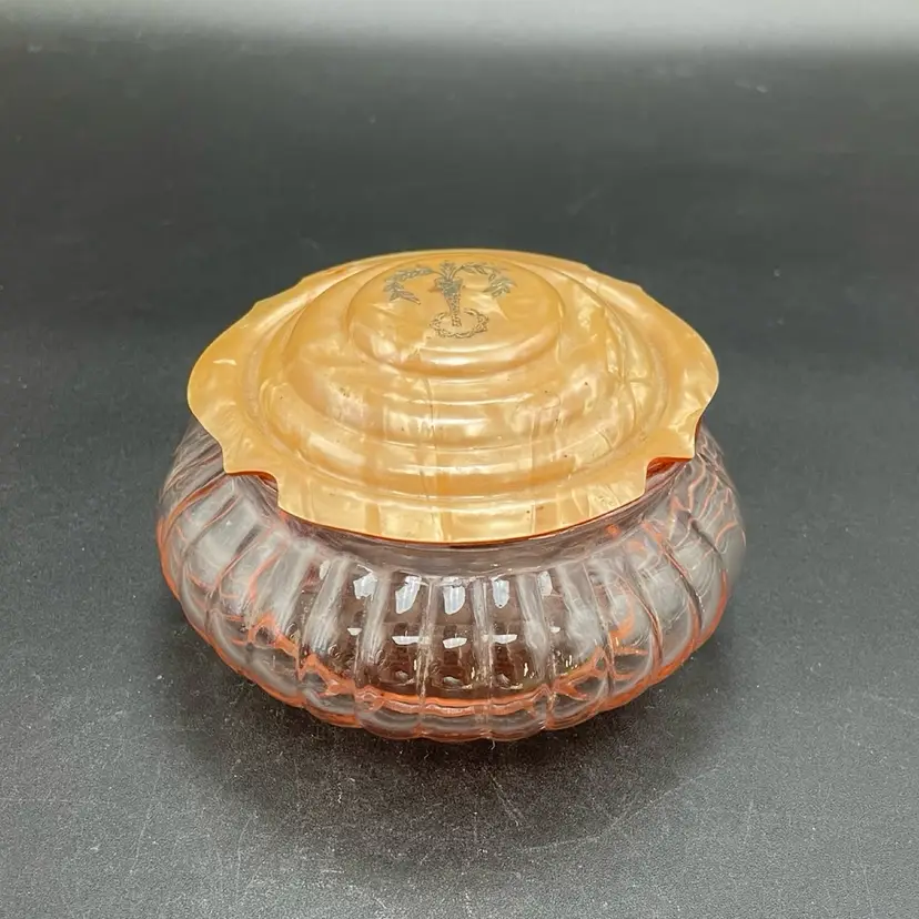 Pink Depression Glass Art Deco Powder Jar Celluloid Lid VTG Vanity Decor