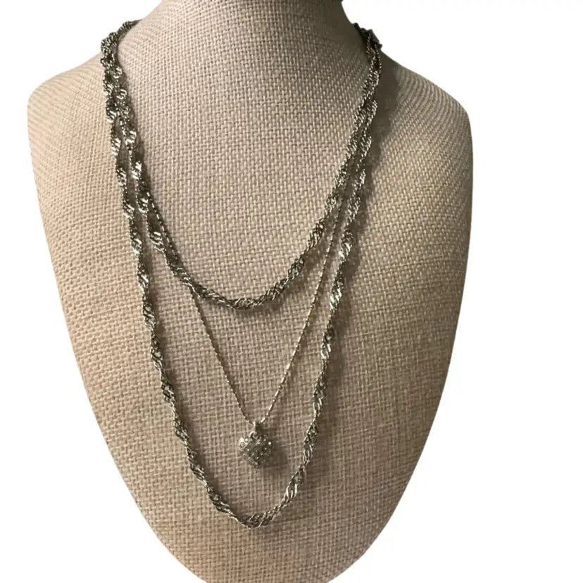 Brighton Double Sided Crystal Heart Necklace On A Vintage Silver Tone Triple Strand Convertible Clasp