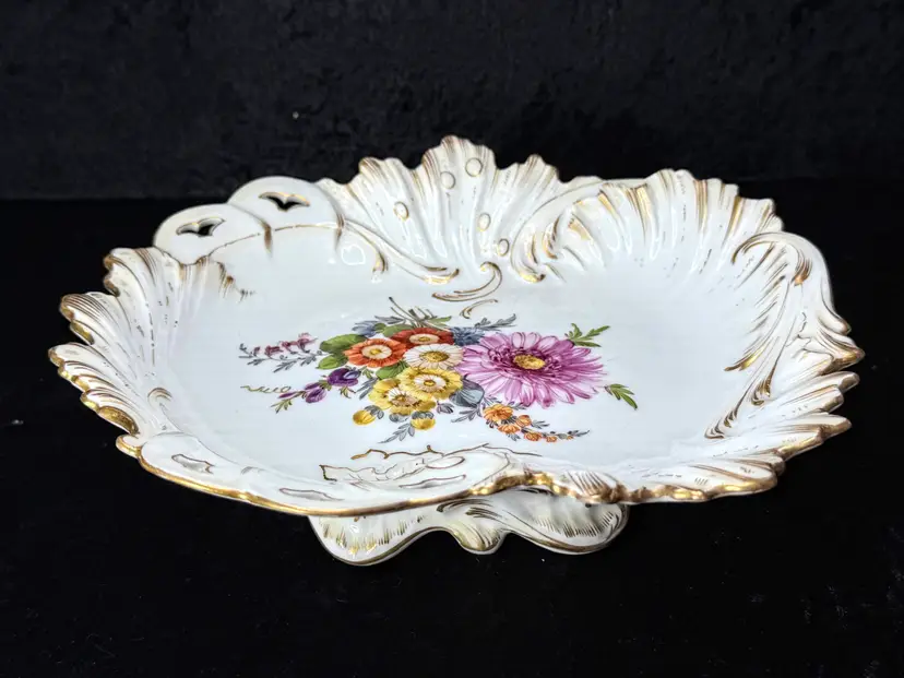 Vintage Dresden Germany Reticulated Porcelain Floral Footed Bowl Gold 8.75"A1272