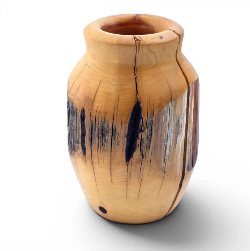 Studio Art Turned Wood Vase Pyrography Burned Pattern 4½" Tall Unbranded with Issues