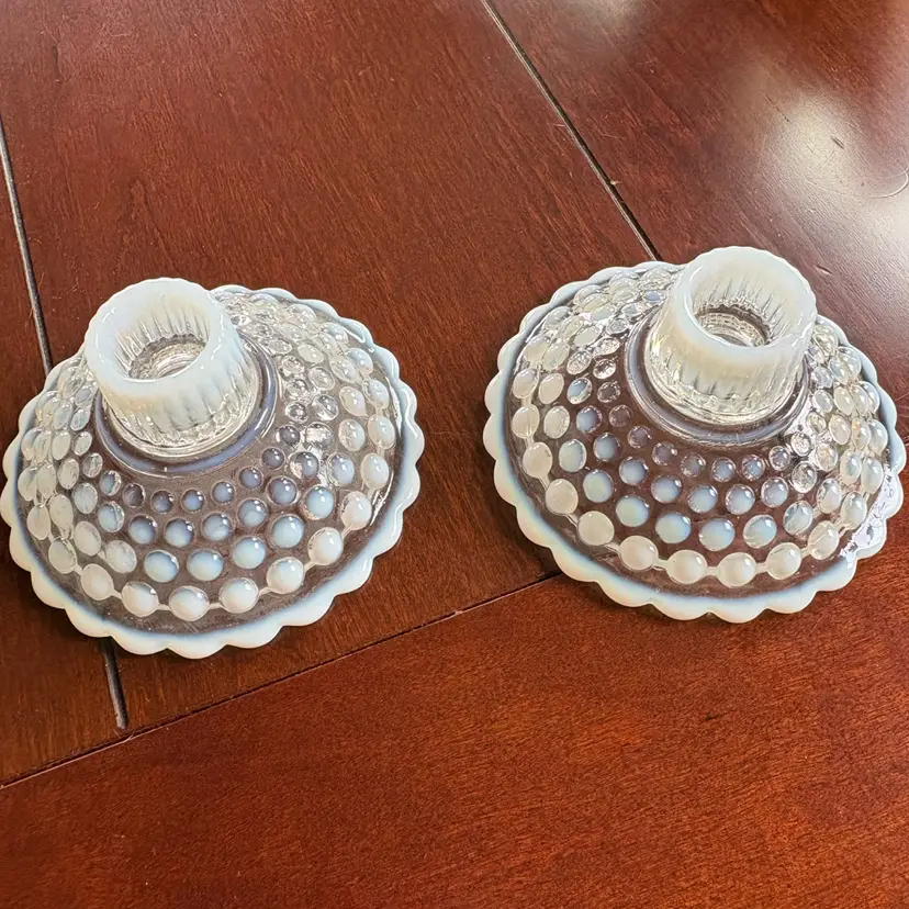 Anchor Hocking Moonstone Opalescent Hobnail Glass Candlestick Holders, Circa 1942-1946.