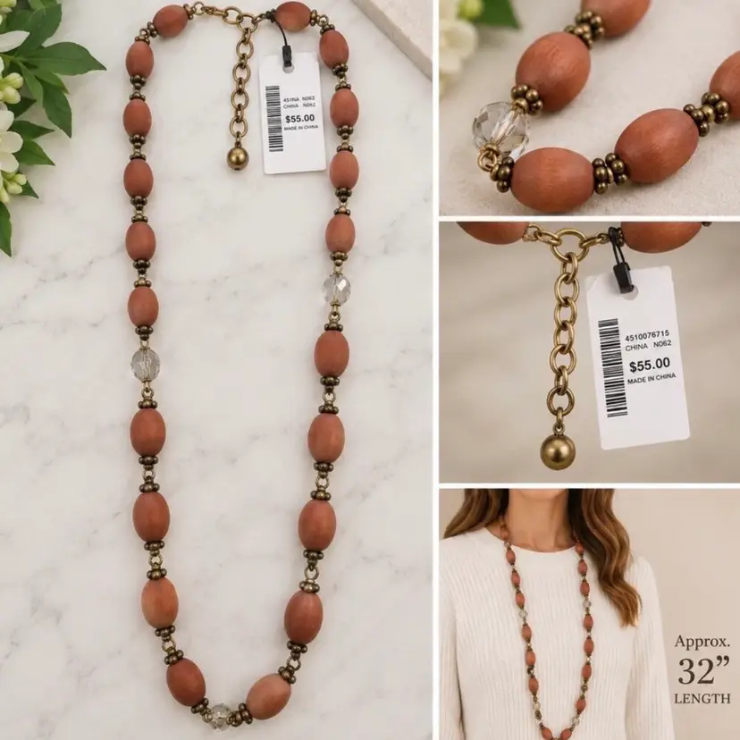 $55 Chicos Blush Brown Boho Wood Beaded Necklace 32 Inches Statement
