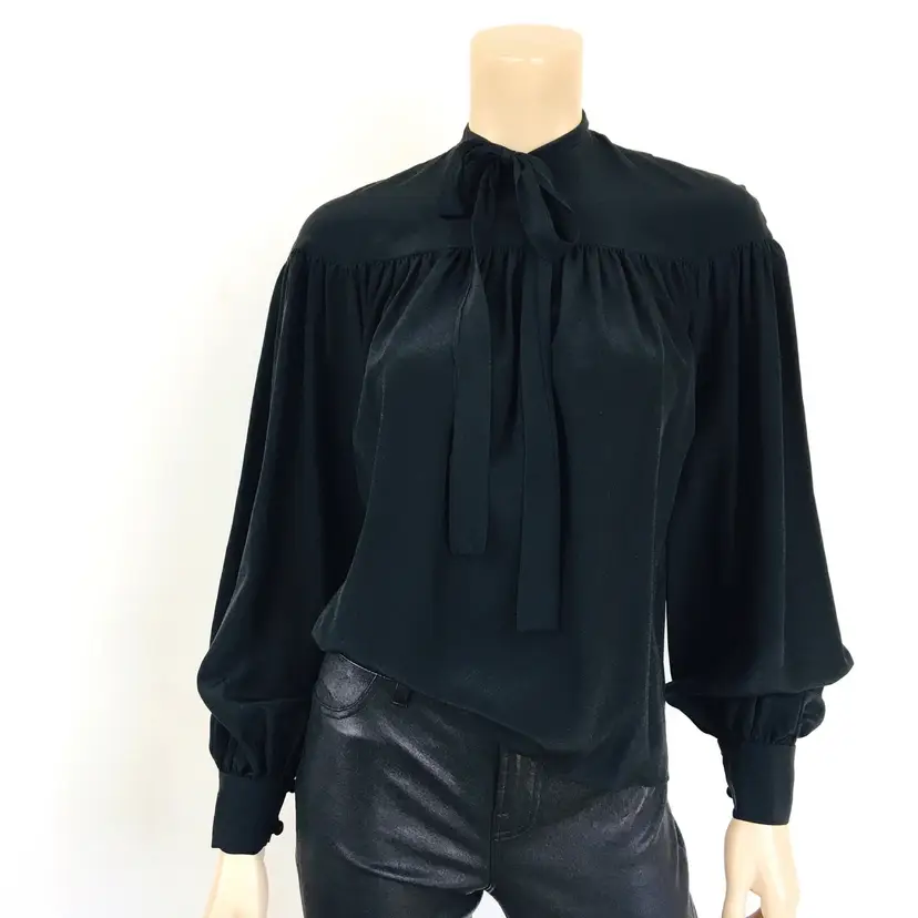 Vintage 1970s PUSSY BOW Black Pleated BALLOON Sleeve Silk Adolfo Blouse