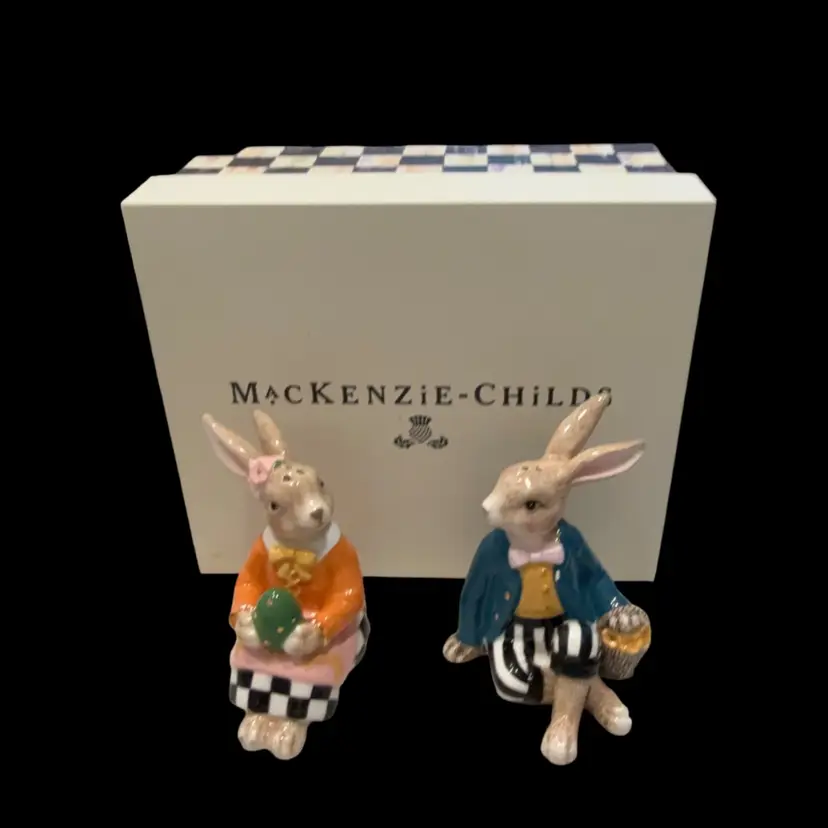 Mackenzie Childs Country Stroll Mr & Mrs Bunny Rabbit Salt and Pepper Shakers *As Is Read*