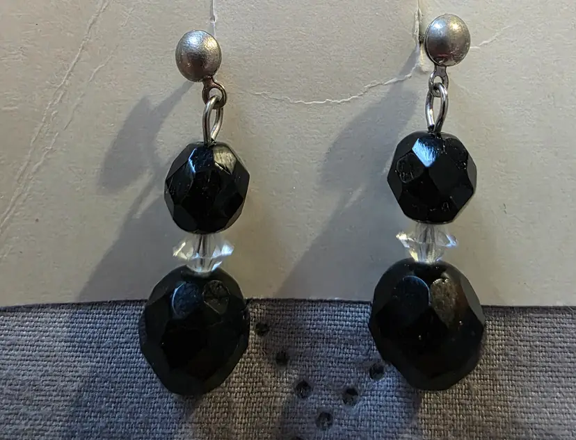 Pair of Vintage-style Dangle Earrings featuring Faceted Black Glass Beads Separated by small clear crystal Rondelles and Mounted on Silver-tone Posts