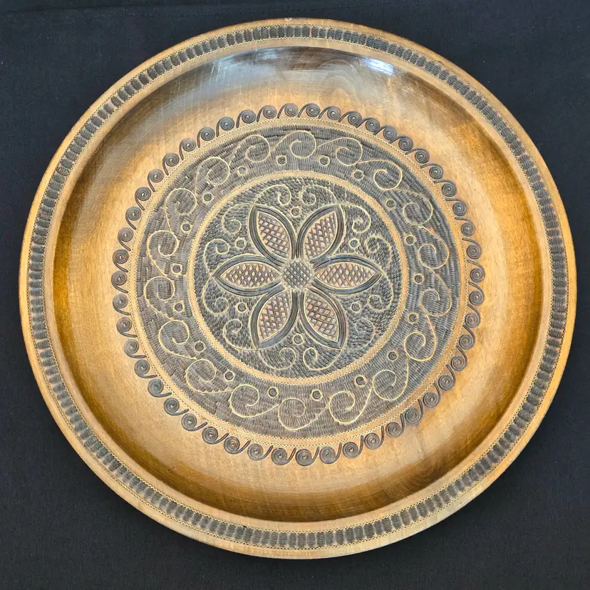 Folk Art Polish Wood Plate Pyrographed Round with Inlaid Metal Wire 12" + Label