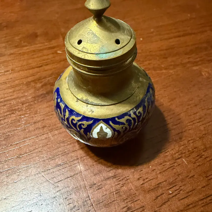 Vintage Thai brass and enamel Incense Holder  with a seated figure.3” Tall