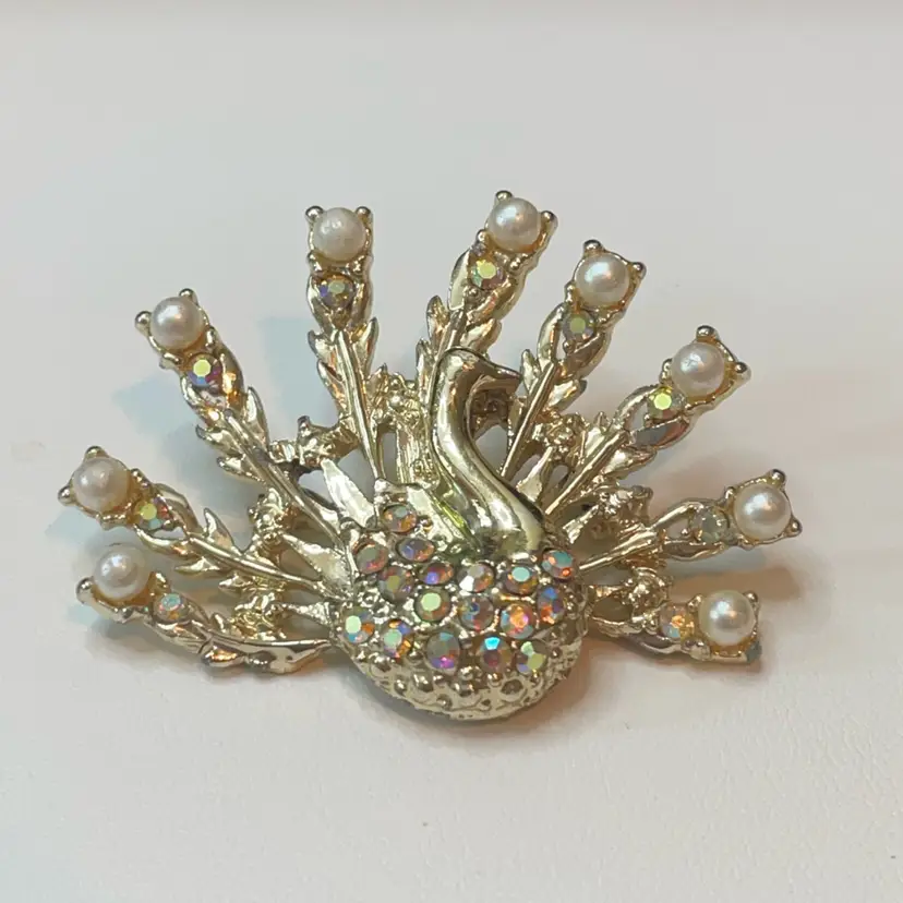 22 Goldtone Aurora Borealis Peacock Brooch
