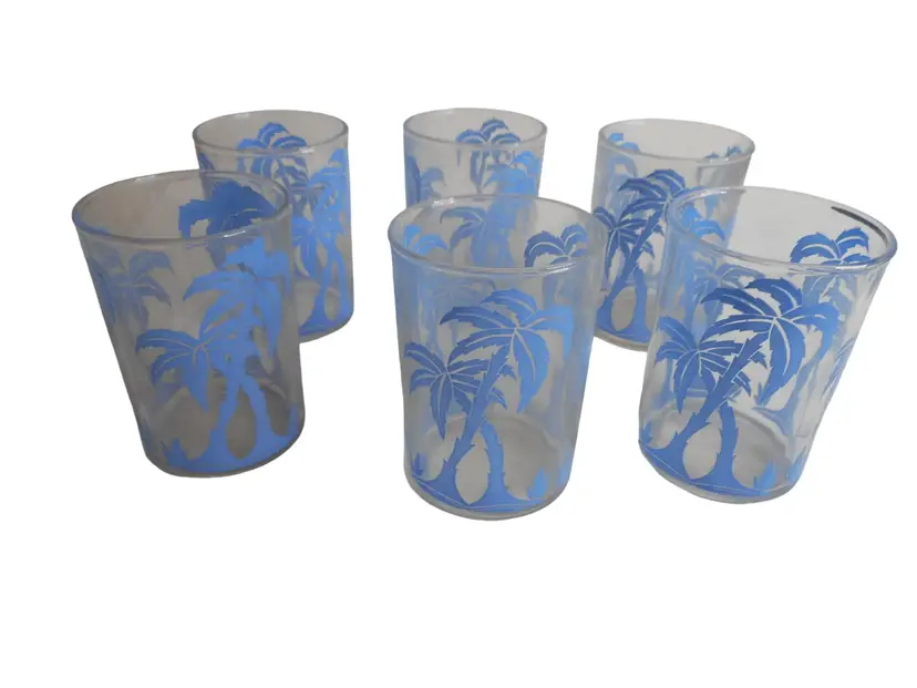 Lot of 6 Vintage Hazel Atlas Blue Palm Tree 3.5" Glasses Swanky Swigs