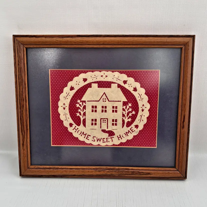 Vintage Farmhouse Cut Paper Folk Art Country Cottagecore 1980s Framed Handmade