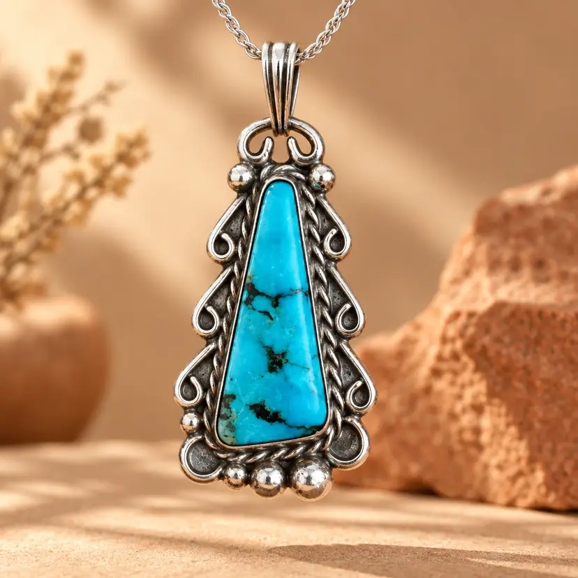 Sterling Silver & Turquoise Southwestern Style Pendant, 1.5"