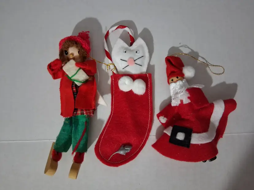Vintage Christmas Ornaments ~ Santa, Elf, and Stocking Set