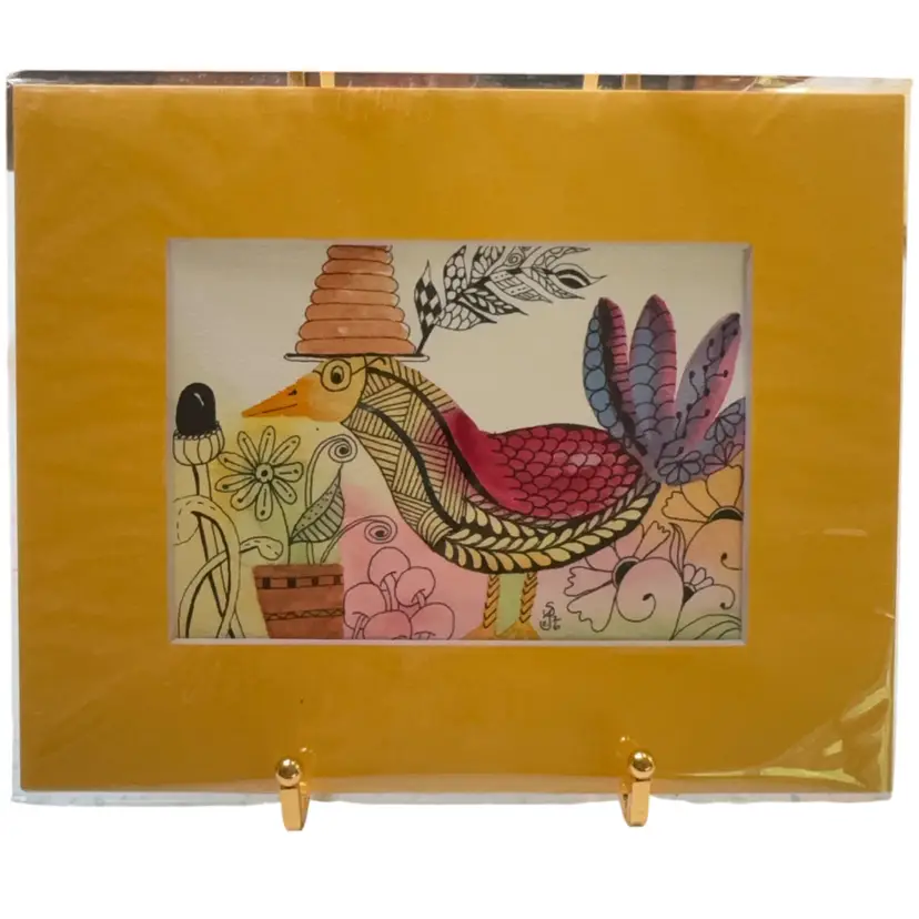Original Watercolor Bird With Doodles 5 X 7” In 8 X 10” Orange Matte