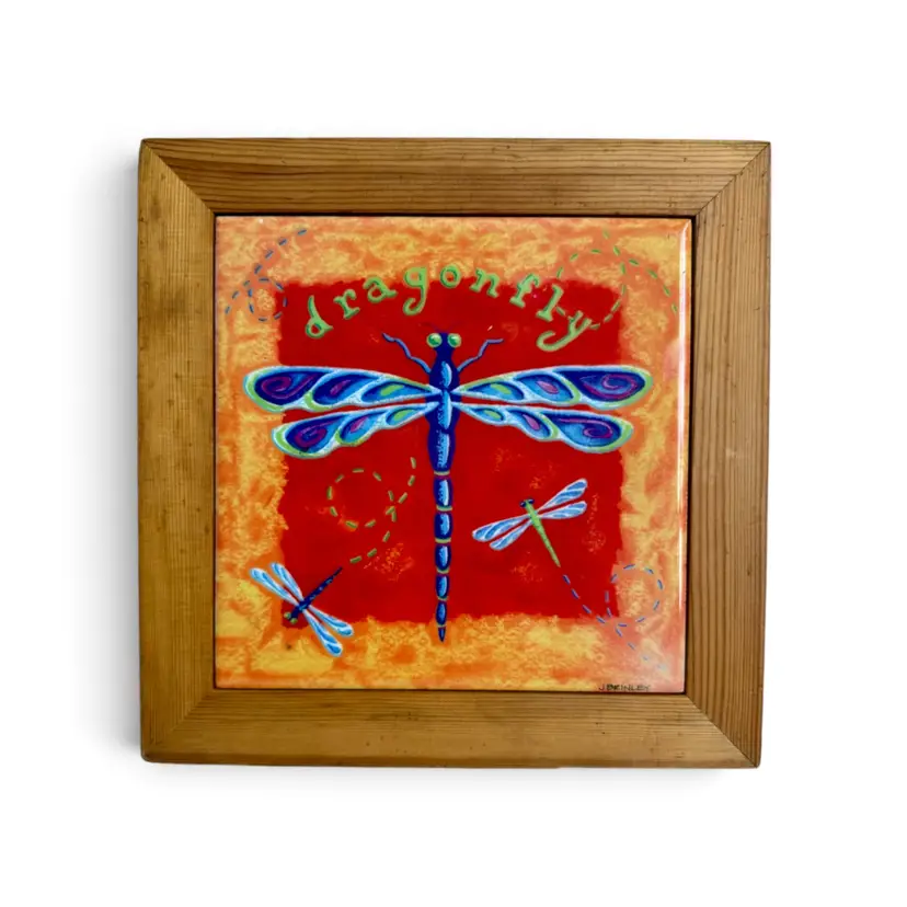 Vintage J Brinley Framed Dragonfly Wall Tile Vibrant Colors 8"x 8" ARTIST SIGNED