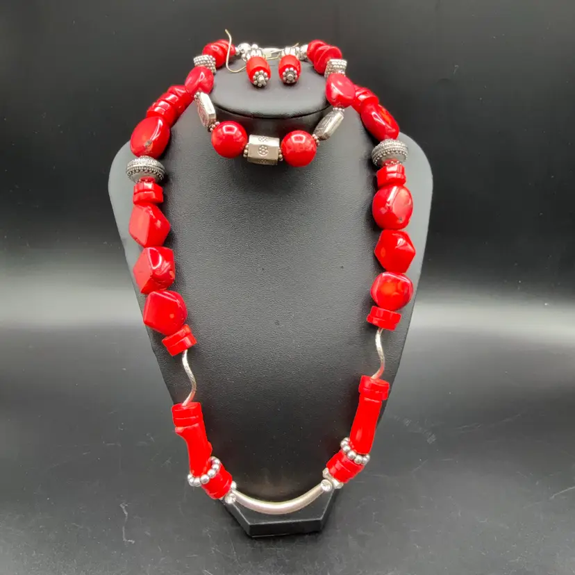 Natural Red Coral Necklace, Bracelet, And Earring Set