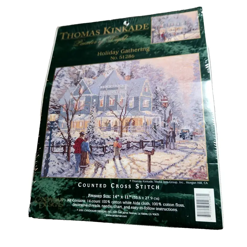 Candamar Cross Stitch Kit - Holiday Gathering #51286 Thomas Kincade - 14 x 11 NEW VTG Winter Village Scene