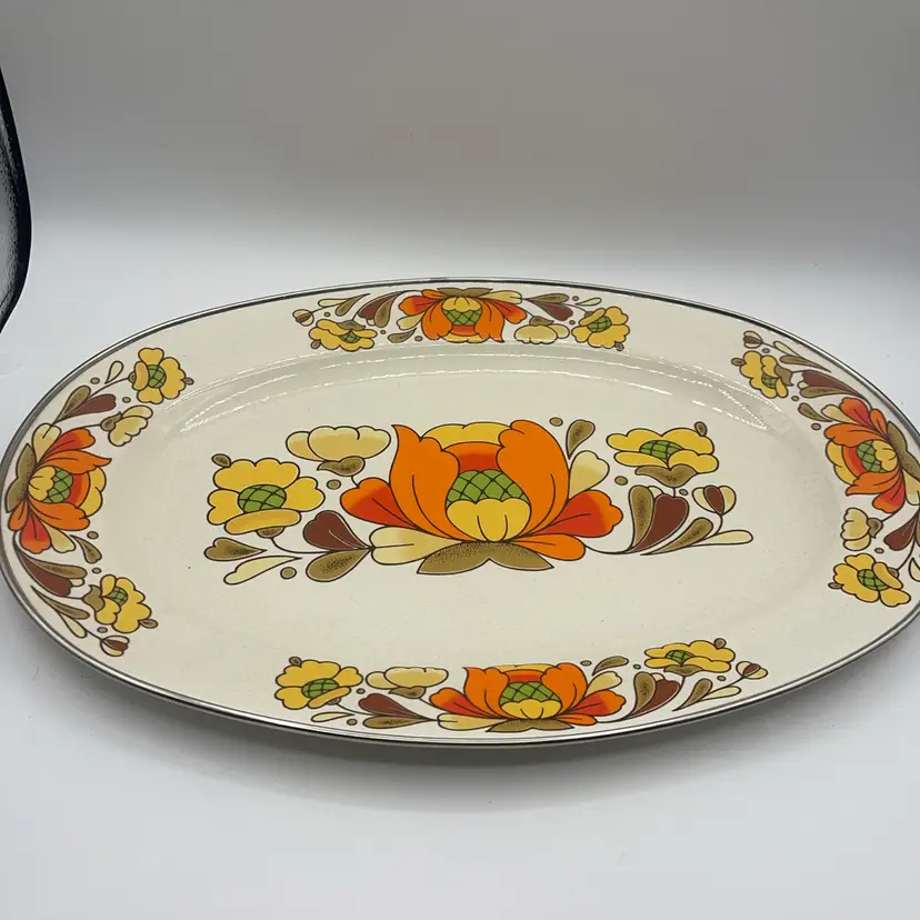 SANKO WARE Vintage COUNTRY FLOWERS Porcelain Enameled Steel PLATTER - 1970's