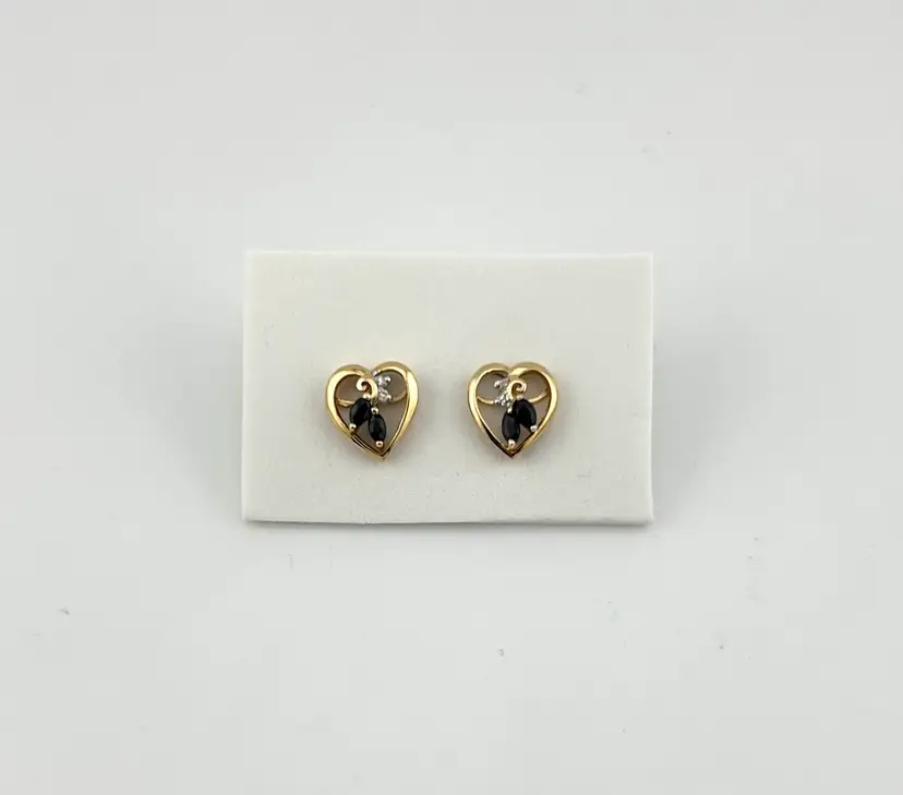 14KT Gold Sapphire and Diamond Heart Shaped Pierced Earrings .5”