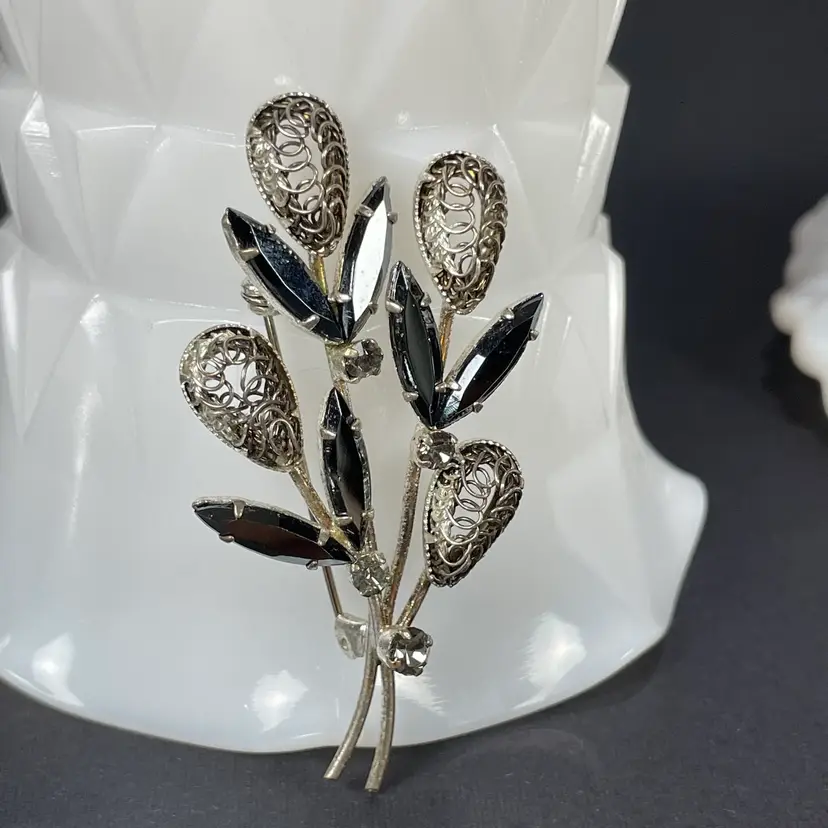 Silver Tone Navette Glass Floral Spray Flower Bouquet Brooch Vintage Austria 2.5"