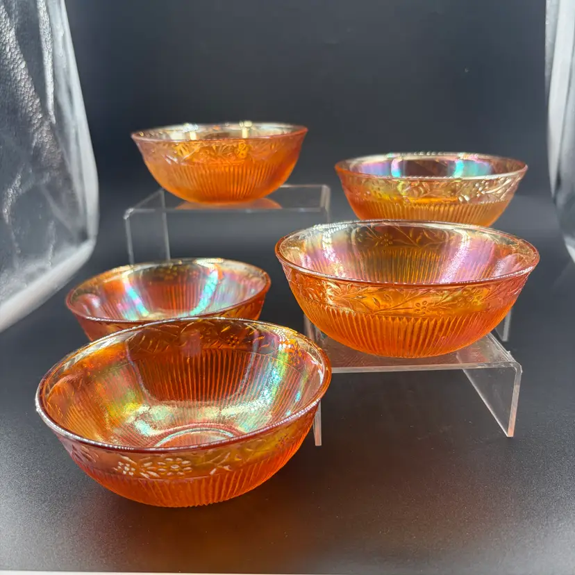 Antique Marigold, Carnival Glass Berry Bowl With Ribbed Pattern Set Of Five