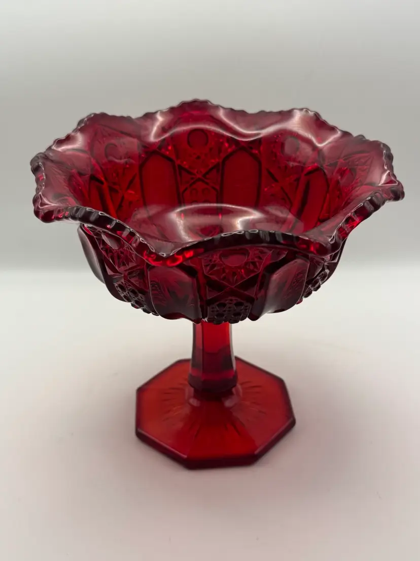 Vintage Late Mid Century Ruby Red Amberina Coin Glass Pedestal Compote 6”