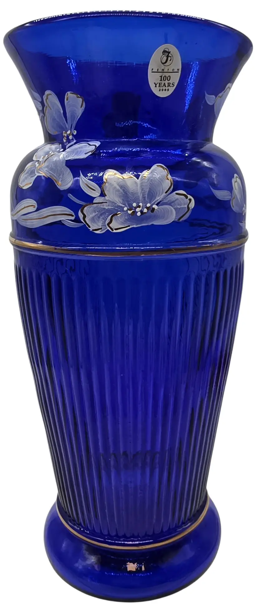FENTON COBALT BLUE LANDMARK COLLECTION RIBBED VASE FLORAL DECORATION 9 3/4" TALL