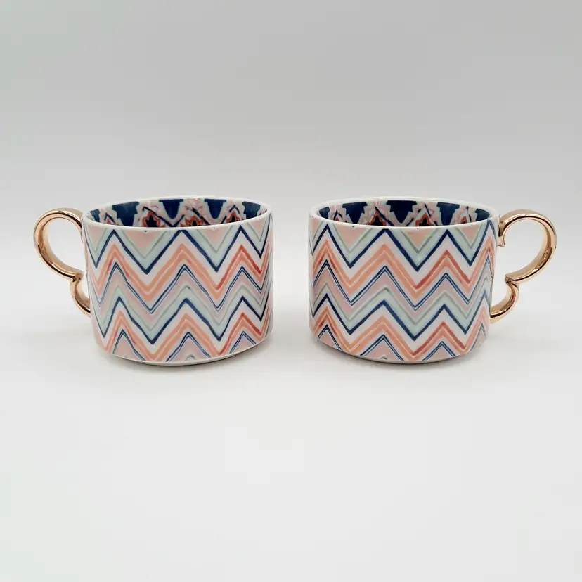 Anthropologie Chelsea Chevron Mugs Blue Orange Zigzag Gold Handles Set of 2