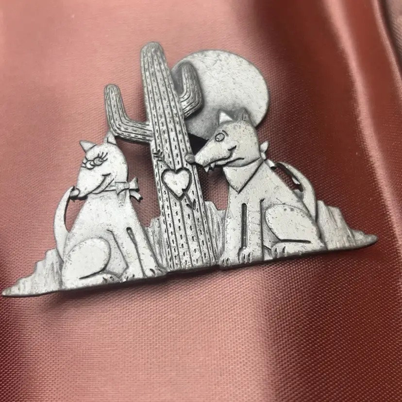 Vintage JJ Jonette Coyote Desert Cactus Brooch Moon Southwest Pewter Pin Signed Slight Metal Wear
