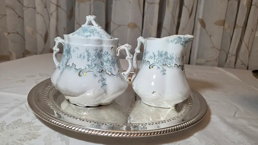 ☀️ Antique 1895 W.H. Grindley "Antique" Teal Floral Creamer & Lidded Sugar Bowl Set