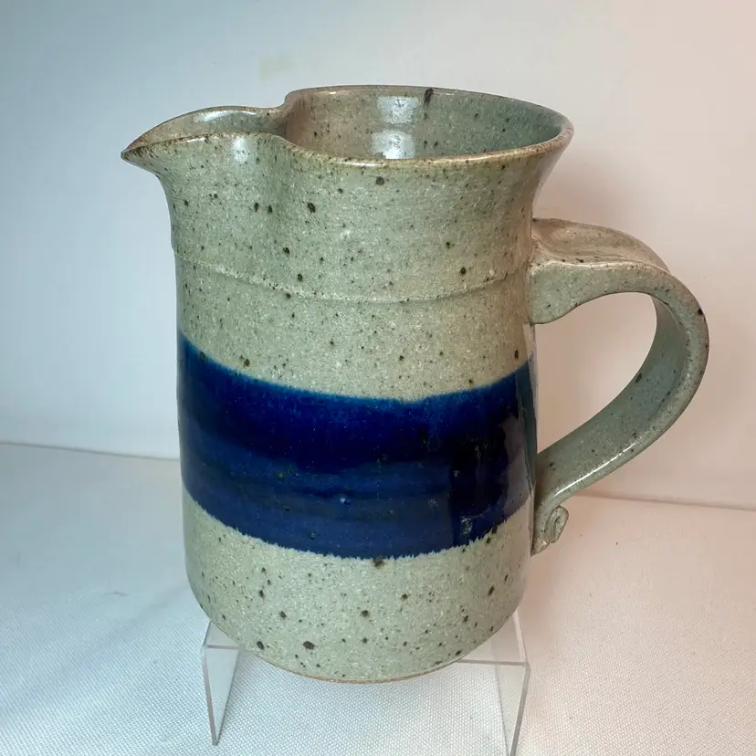 Artisan Studio Speckled Glaze Stoneware Pottery Pitcher With Cobalt Blue Band
