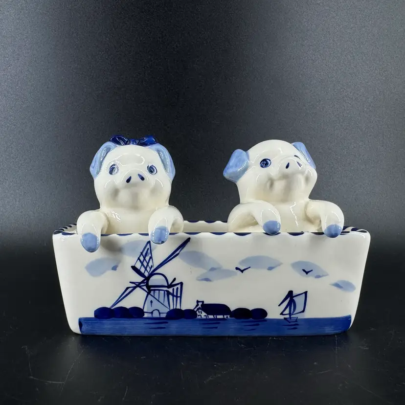 Elesva Delftware Hand Painted Pigs in Trough Salt & Pepper Shaker Set