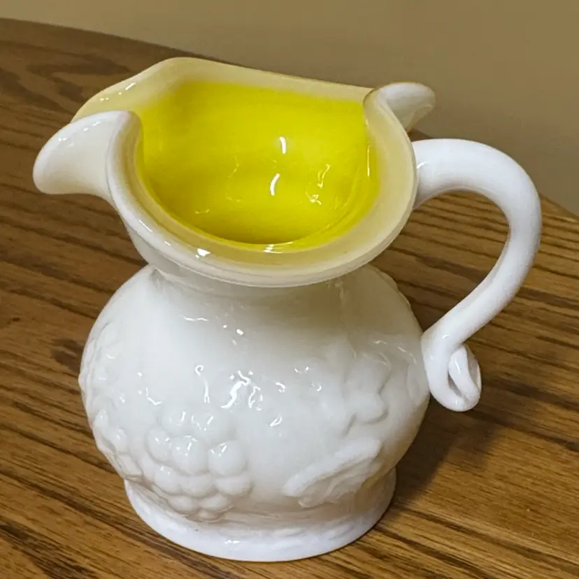 Kanawha Yellow Cased Milk Glass Pitcher/creamer grape and vine pattern 3.5”