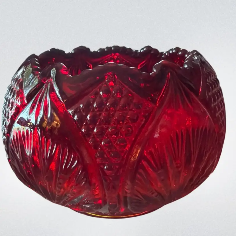 Fenton Ruby Red Rose Bowl Rolled Scalloped Edge Hobnail Fan Amberina  4.5”H 6”D