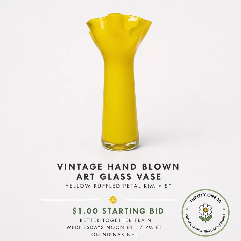 Vintage Hand Blown Cased Art Glass Vase – Yellow Ruffled Petal Rim – 8” Studio Glass