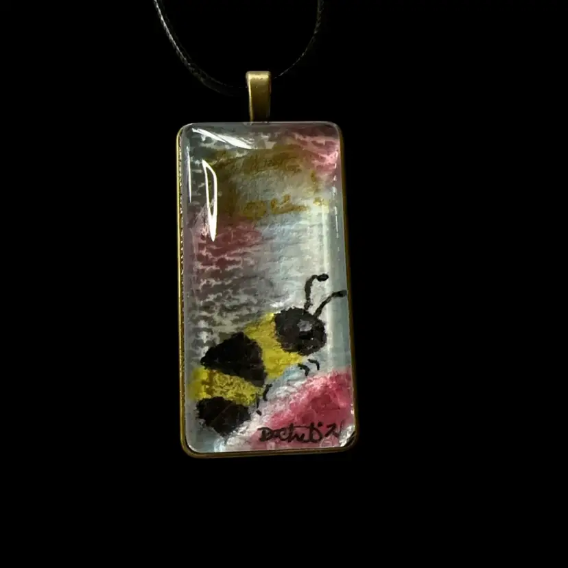 “Bee You” Original Watercolor Antique Gold Tone Pendant Necklace 1” X 2” (25x50mm) With Solid Glass Cabochon Top And Black Cord