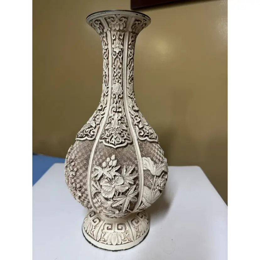 Arnart Imports Ivory Dynasty Carved resin over Brass Asian Floral Vase 12.5”