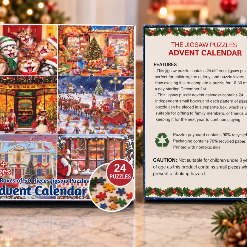 24 Puzzles, Christmas Advent Calendar 50 Pc Per Puzzle, Santa Holiday Theme New Gift