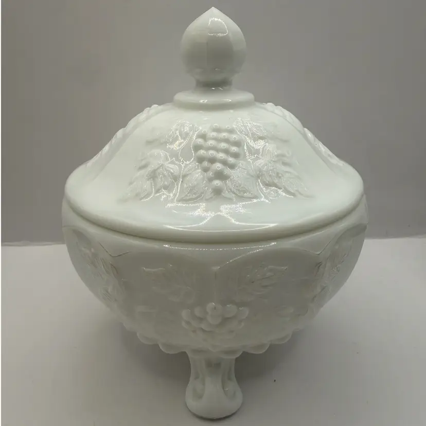 Paneled Grape Westmoreland Three Footed Milk Glass Candy Dish 5.75x5”