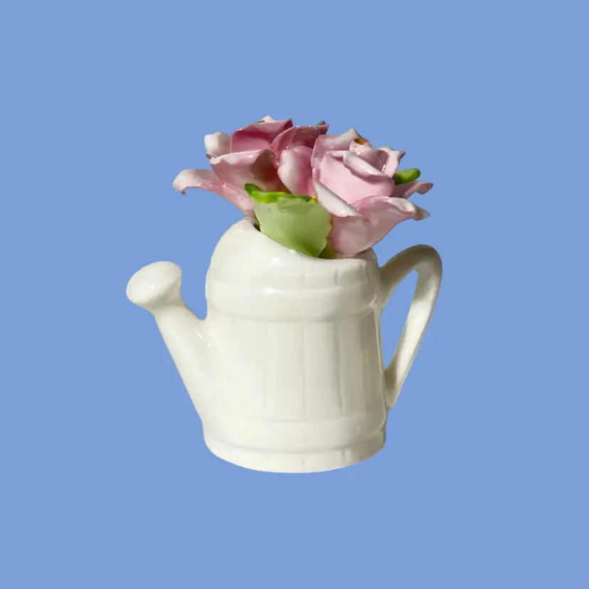 #125- Vintage Lefton miniature Watering Can Flower Figurine Royal Dover Bone China