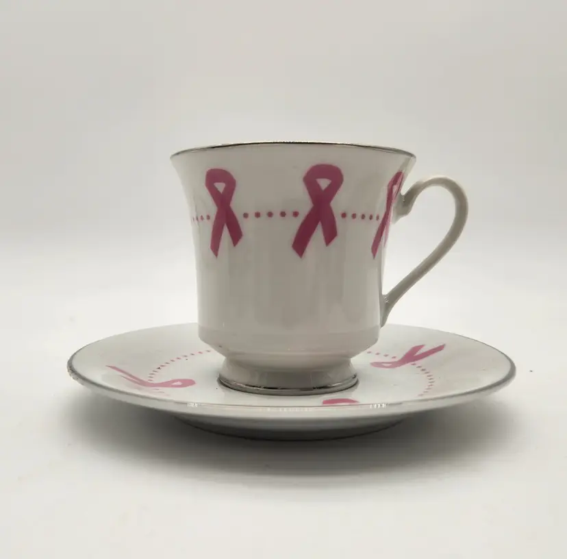 Darice Pink Ribbon Breast Cancer Awareness Tea Cup and Saucer Set Silver Trim