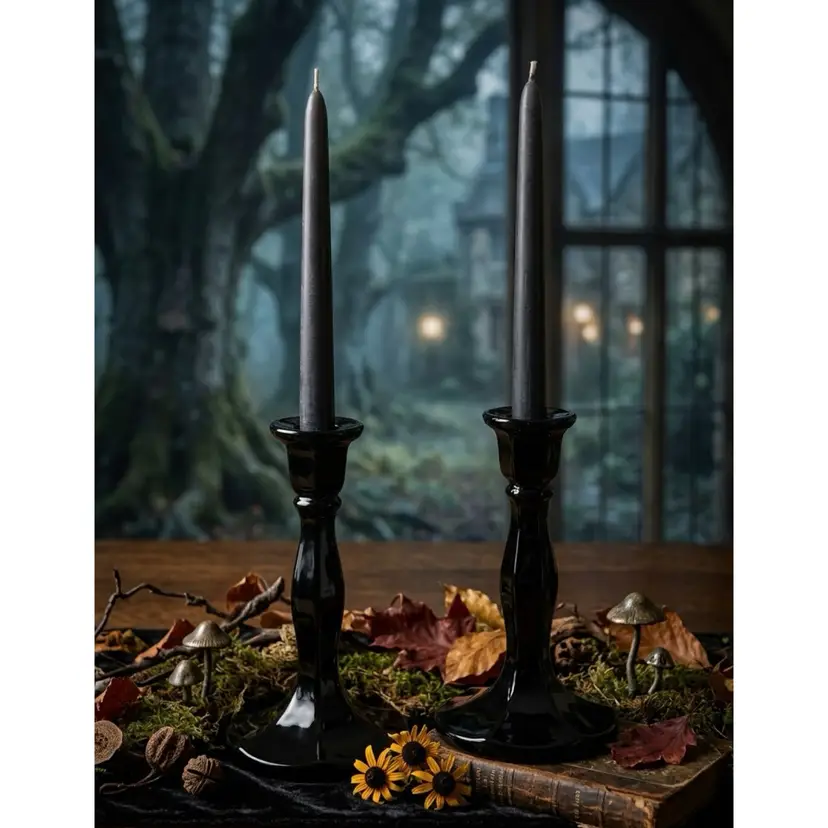 18. Pair Of Vintage Black Amethyst Glass Candlestick Holders 6.5” Tall